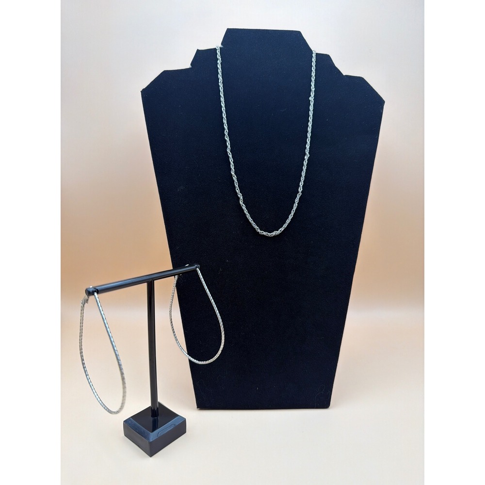 Silver Tone Rope Chain Necklace and Textured Large Hoop Earrings Jewelry Set‎
